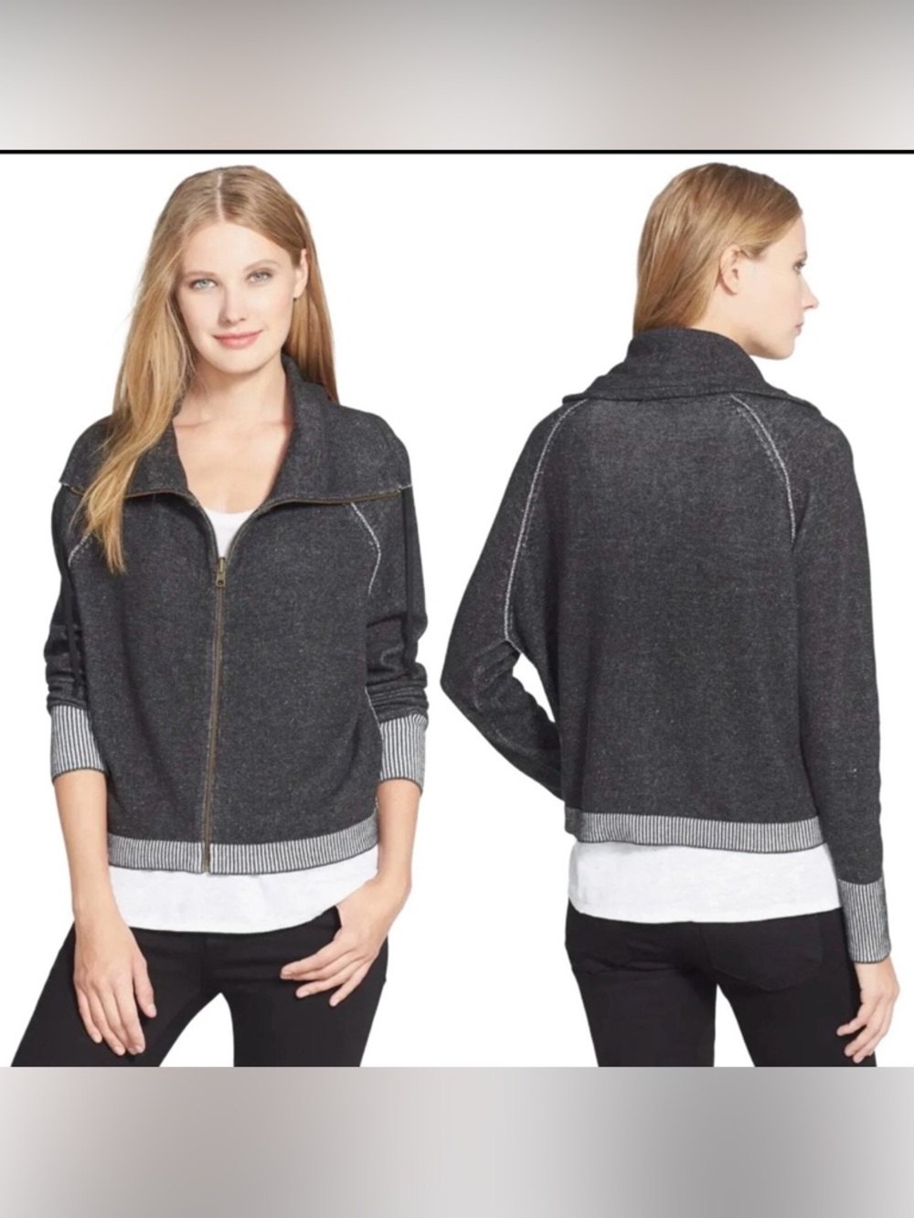 Eileen Fisher organic cotton funnel neck zip front cardigan sweater charcoal L